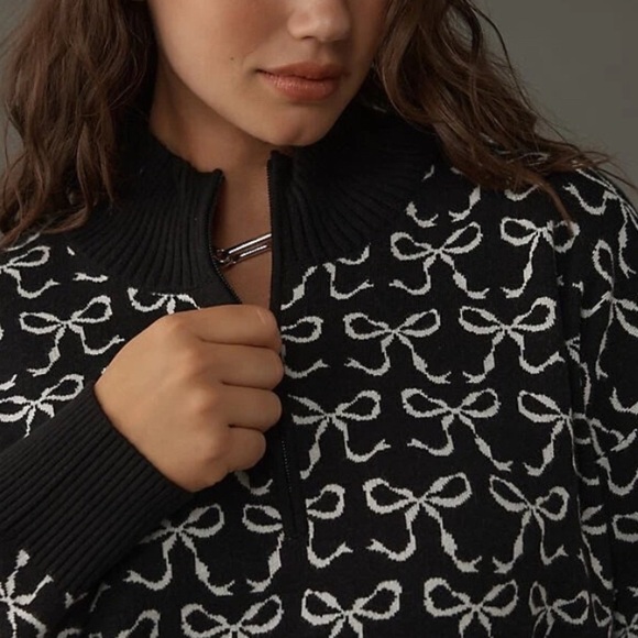 Anthropologie Maeve Montana Mock Neck Half Zip Sweater Black White Size XS - Picture 4 of 13